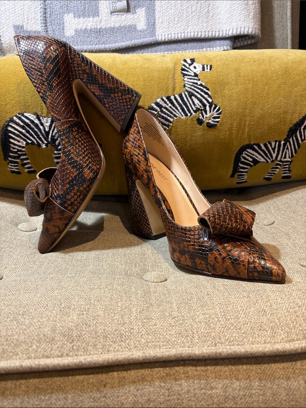 Nine West Brown Snake-Print Block Heels with Bow